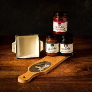Mini Wooden Cheese Board with Ceramic Dish and 3 x 100g Relishes